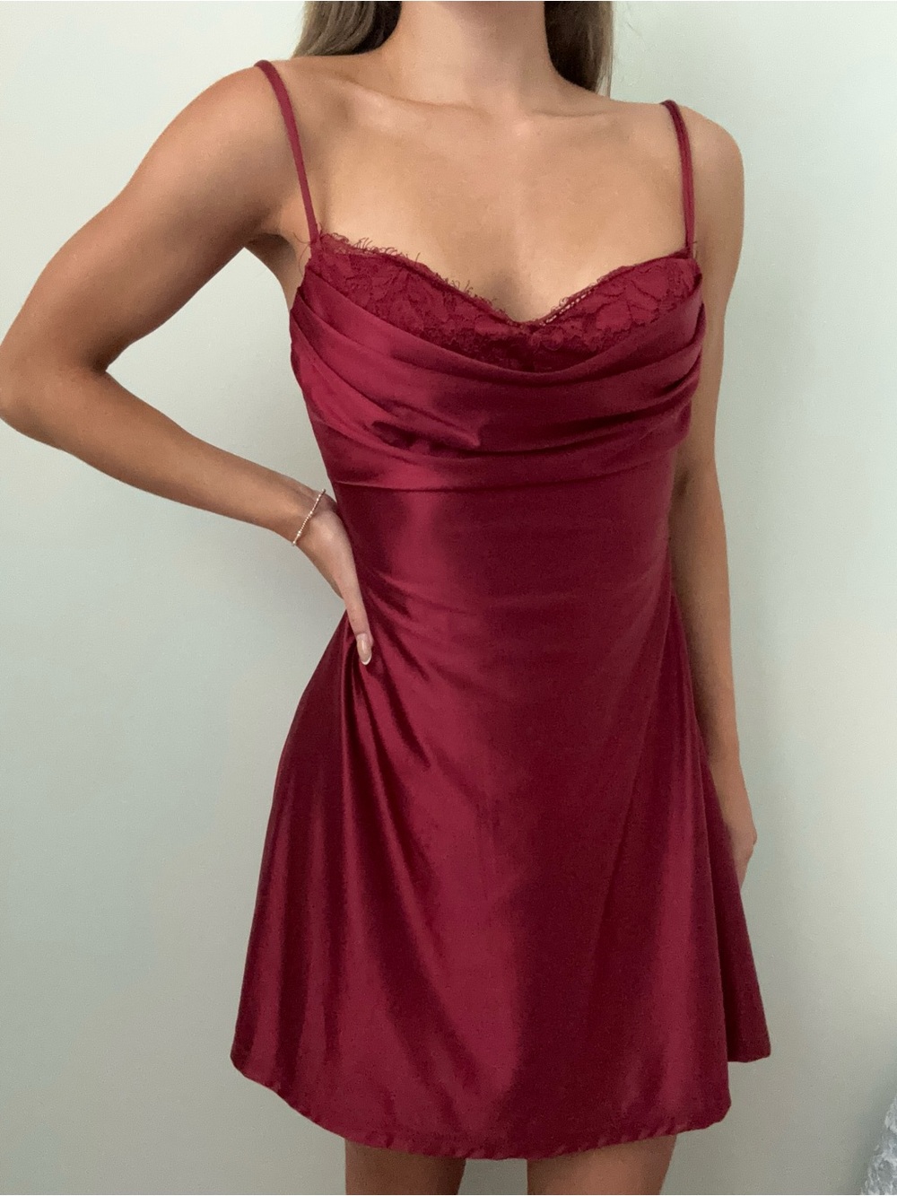 Windsor burgundy satin mini dress with lace trim Size small